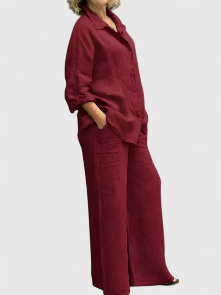 Pamela | Women's Button-Down Shirt Set Wide Leg Pants Two-Piece
