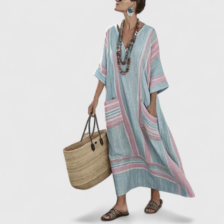 Luna | Women's V-Neck Striped Linen Maxi Dress with Pockets