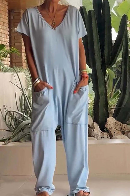 Adaline | Women's V-Neck Short-Sleeved Loose Jumpsuit with Pockets