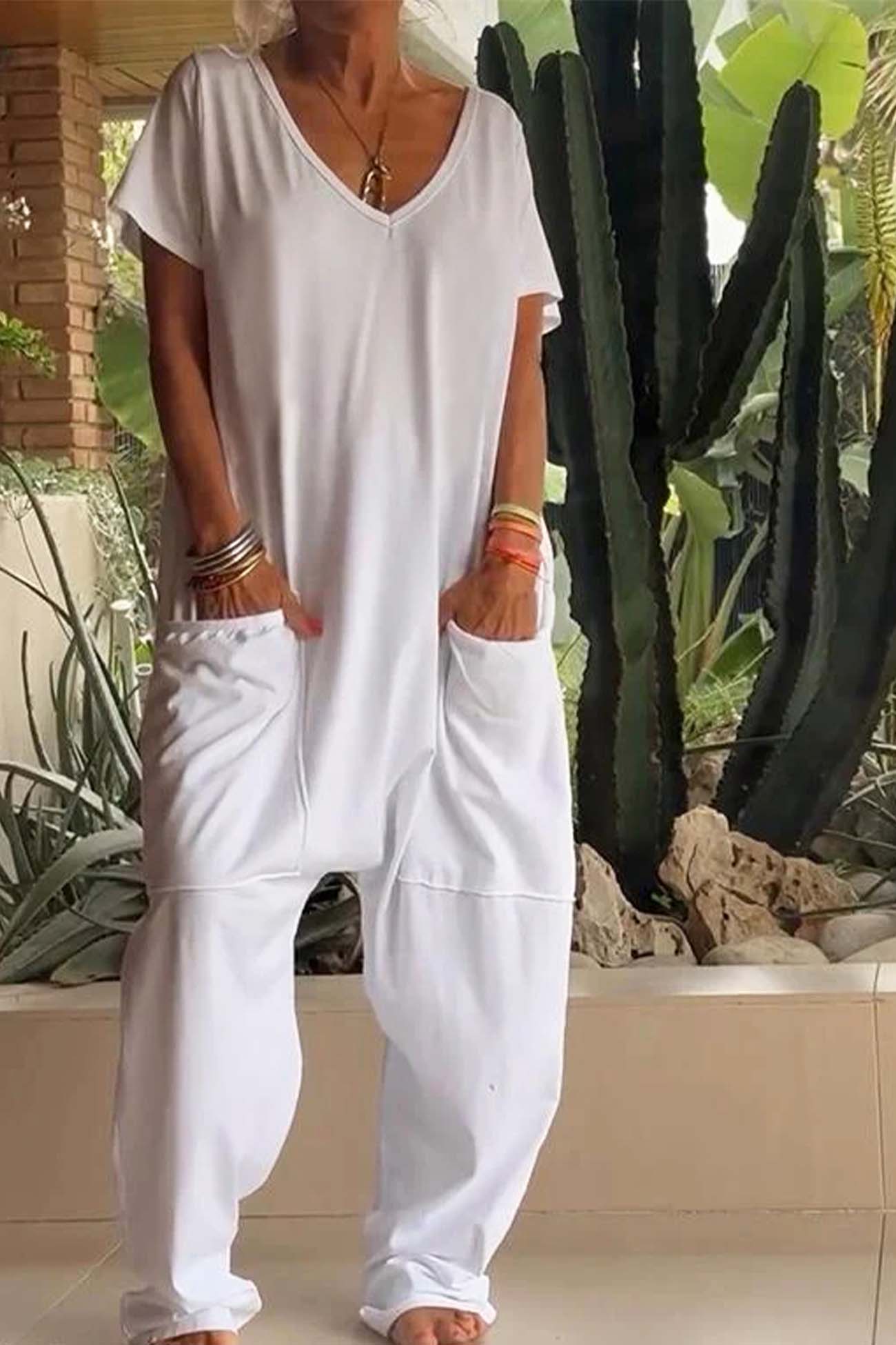 Adaline | Women's V-Neck Short-Sleeved Loose Jumpsuit with Pockets