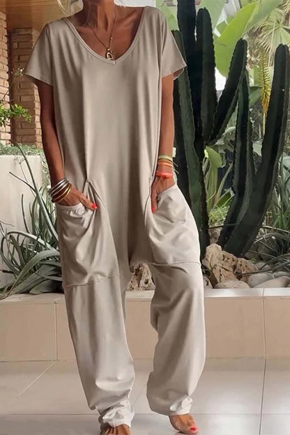 Adaline | Women's V-Neck Short-Sleeved Loose Jumpsuit with Pockets