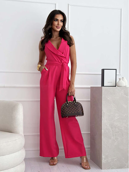 Ivy | Women's No-Sleeve Wide-Leg Jumpsuit Wrap V-Neck Belted