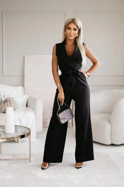 Ivy | Women's No-Sleeve Wide-Leg Jumpsuit Wrap V-Neck Belted