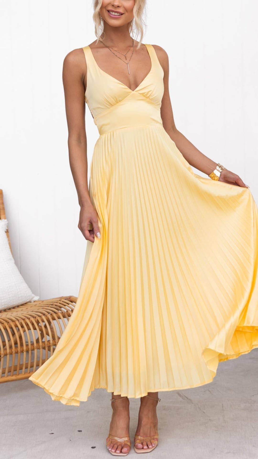 Summer | Women's Wedding Guest Pleated V-Neck Maxi Dress Evening