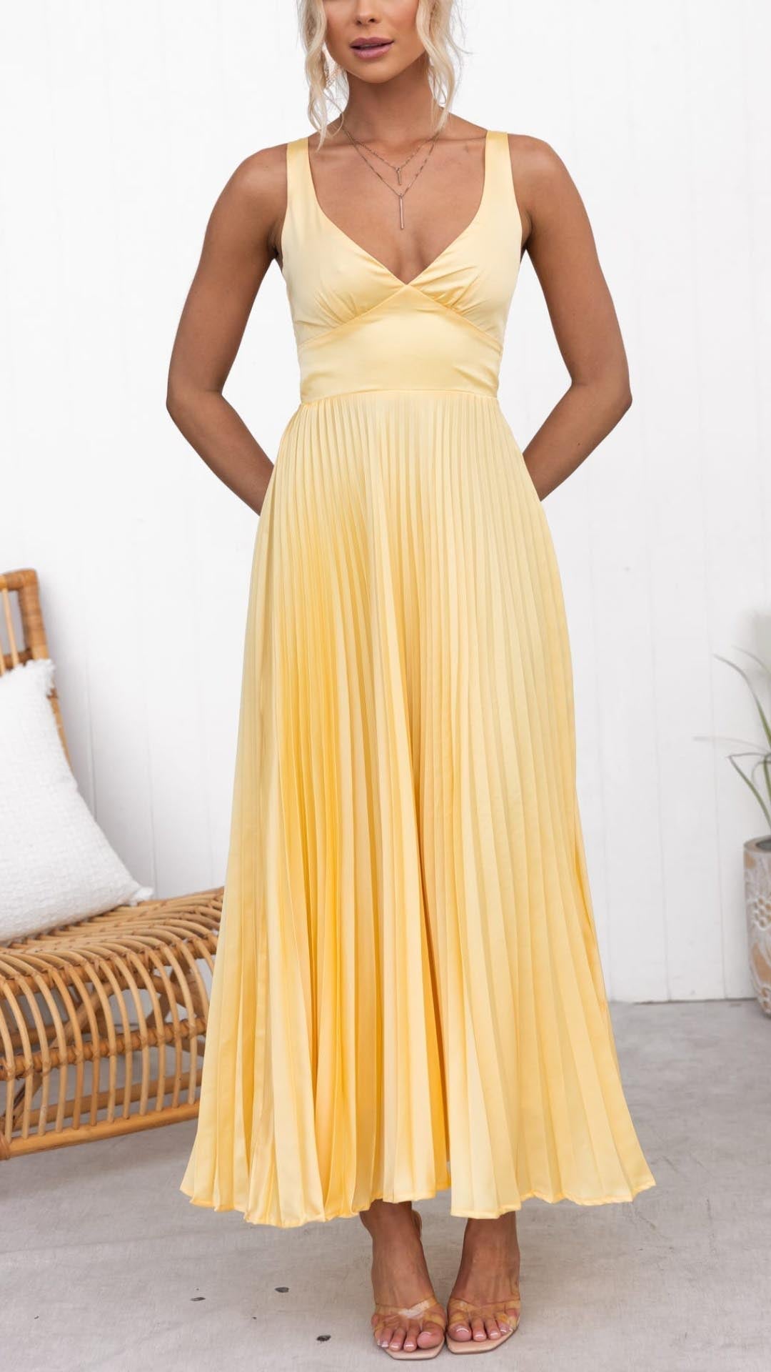 Summer | Women's Wedding Guest Pleated V-Neck Maxi Dress Evening