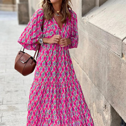 Lindsay | Women's Puff Sleeve V-Neck Bohemian Printed Maxi Dress
