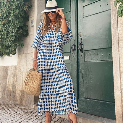 Lindsay | Women's Puff Sleeve V-Neck Bohemian Printed Maxi Dress