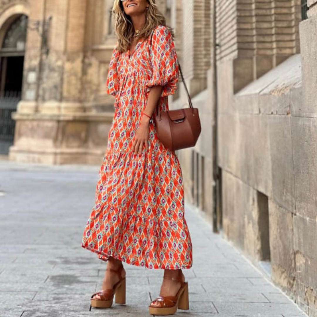 Lindsay | Women's Puff Sleeve V-Neck Bohemian Printed Maxi Dress
