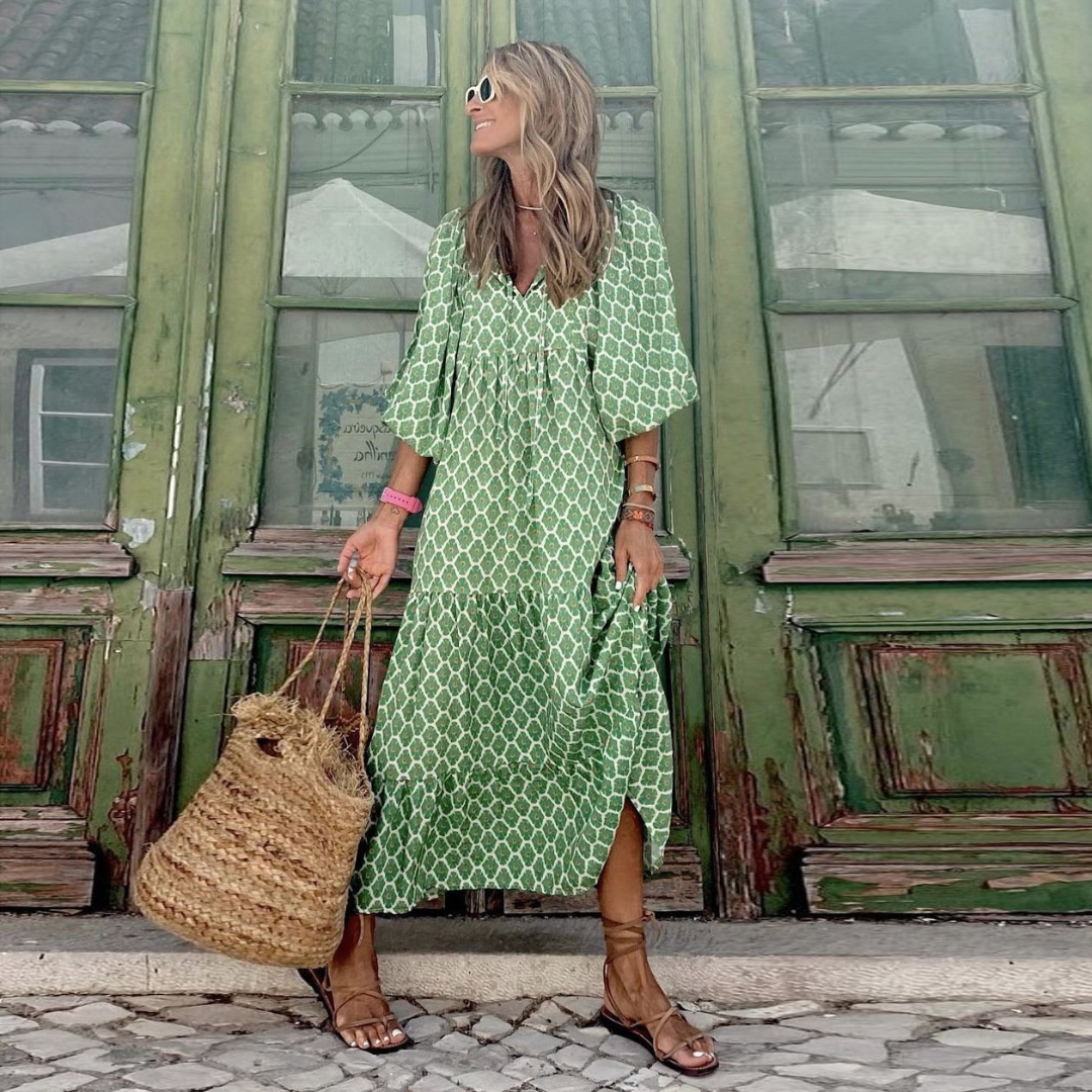 Lindsay | Women's Puff Sleeve V-Neck Bohemian Printed Maxi Dress