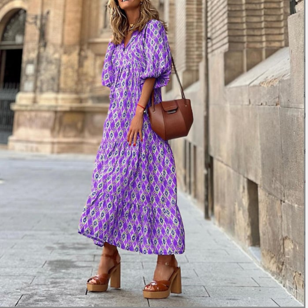 Lindsay | Women's Puff Sleeve V-Neck Bohemian Printed Maxi Dress