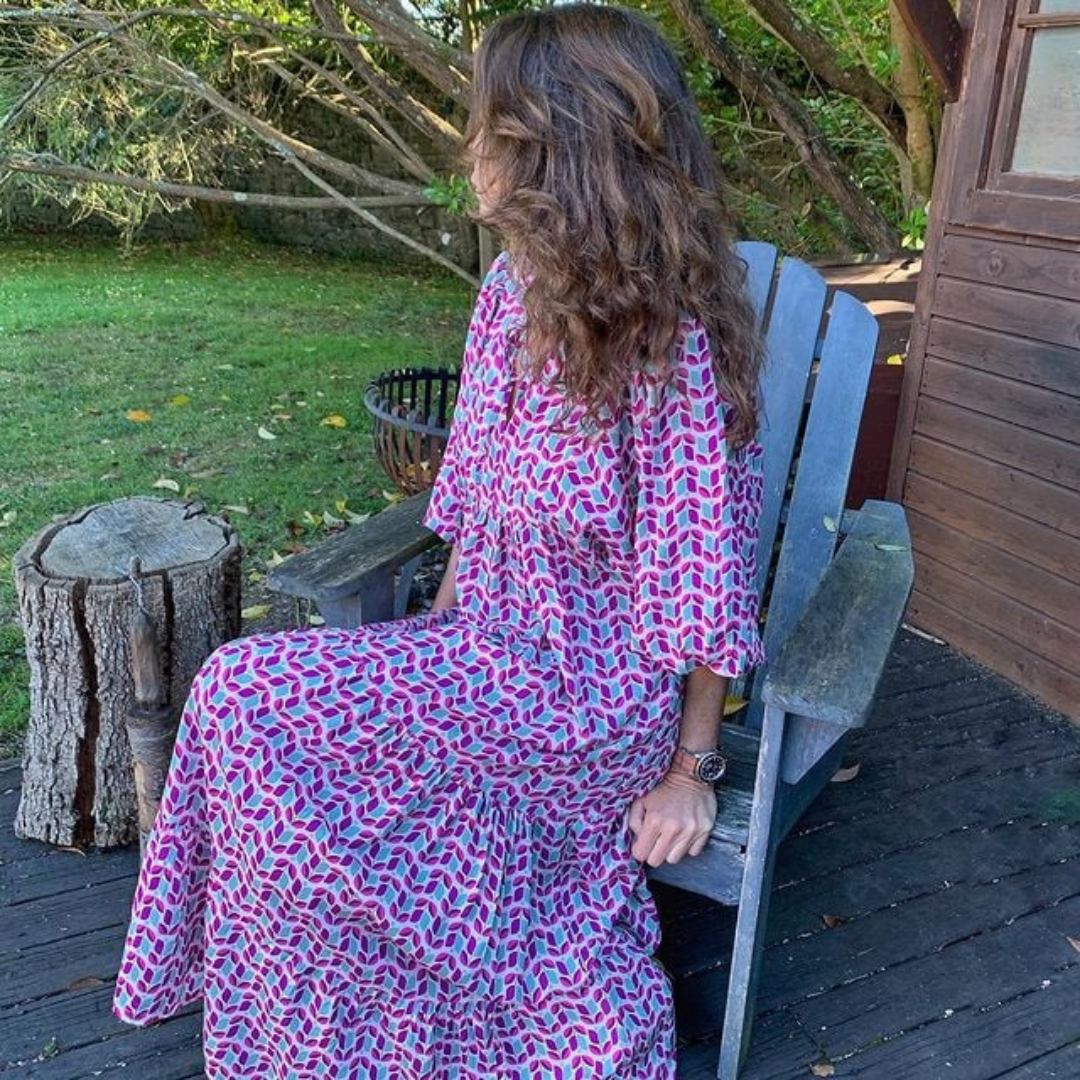 Lindsay | Women's Puff Sleeve V-Neck Bohemian Printed Maxi Dress