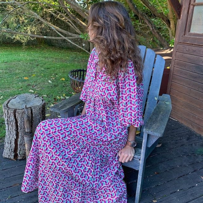 Lindsay | Women's Puff Sleeve V-Neck Bohemian Printed Maxi Dress