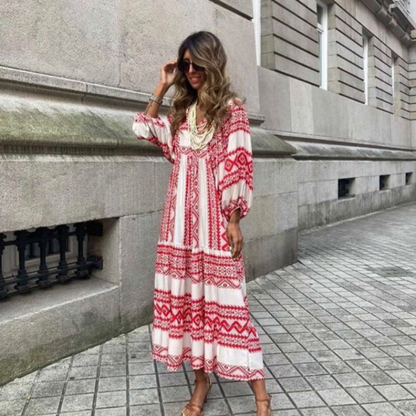 Lindsay | Women's Puff Sleeve V-Neck Bohemian Printed Maxi Dress