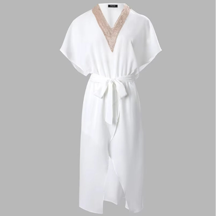Valentina | Women's White Mid-Length Dress V-Neck Gold Trim Short-Sleeved