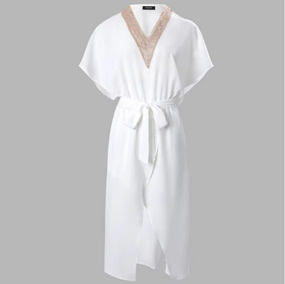 Valentina | Women's White Mid-Length Dress V-Neck Gold Trim Short-Sleeved