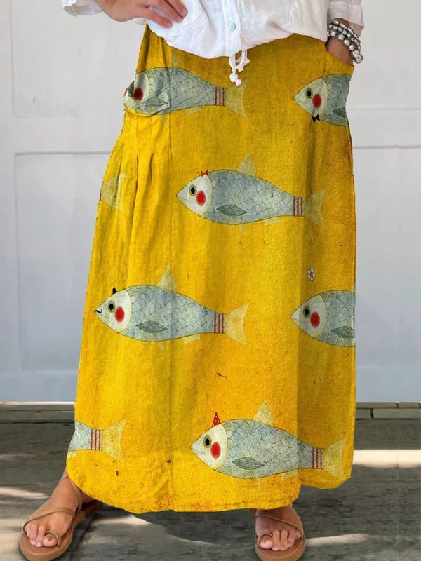 Stella | Retro Fish Art Print Pocket Skirt