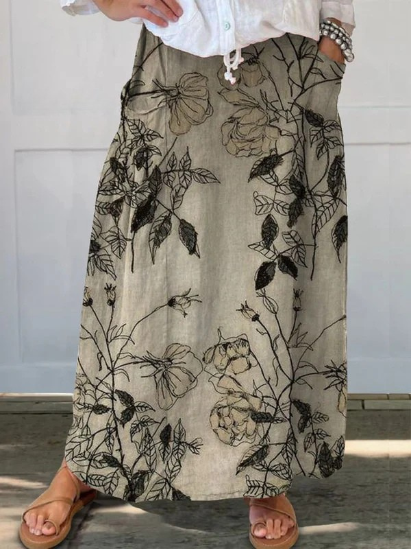 Joelle |  Vintage Floral Art Elastic waistband Pocket Skirt