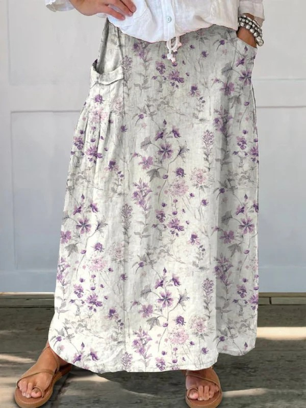 Audrey | Retro Floral Art Elastic waistband Pocket Skirt