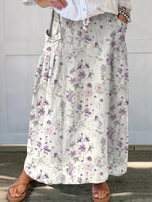 Audrey | Retro Floral Art Elastic waistband Pocket Skirt