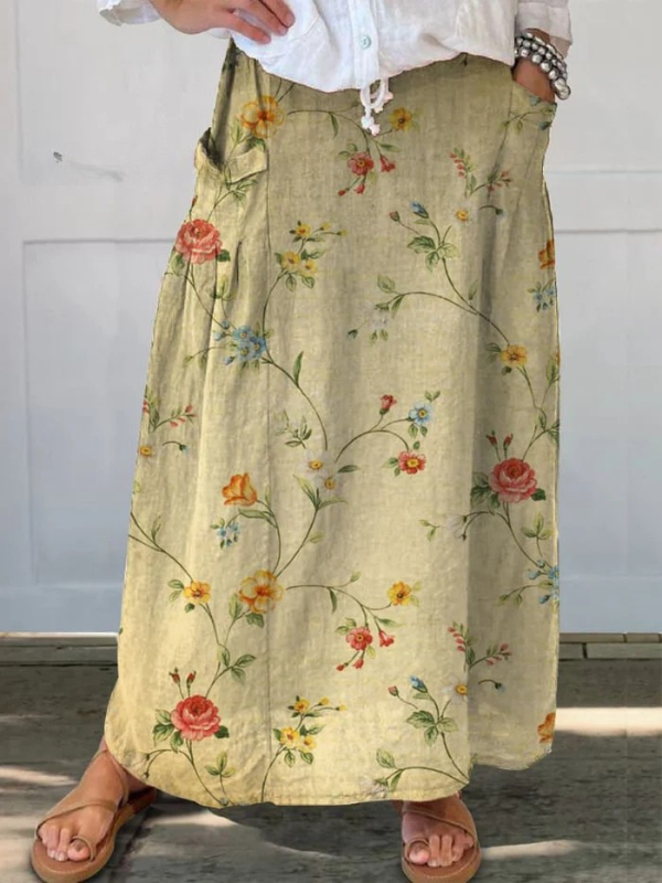 Angie | Retro Refined Floral Art Elastic waistband Pocket Skirt