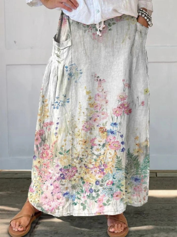 Angie | Retro Refined Floral Art Elastic waistband Pocket Skirt