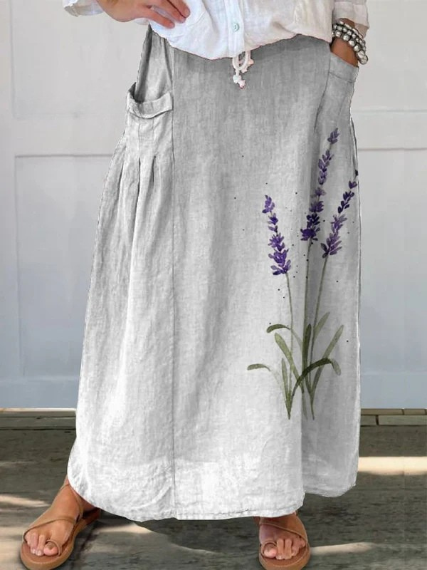 Skylar | Watercolor Lavender Botanical Printed Elastic waistband Pocket Skirt