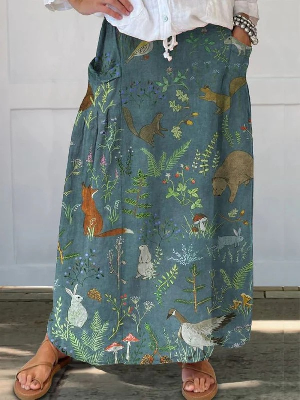Simone | Retro Floral Animals Art Relaxed Pocket Skirt