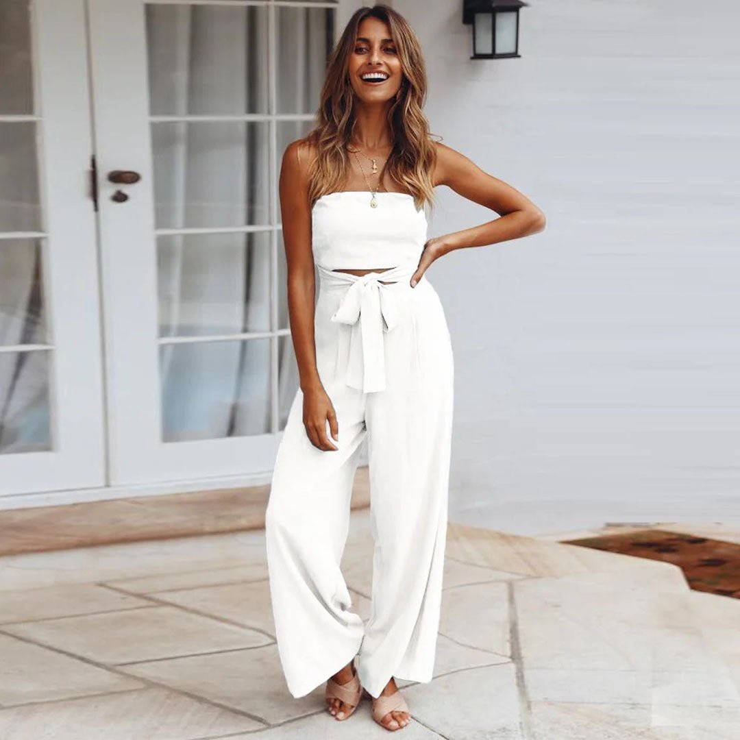 Cecilia | Women's Strapless Tie Waist Wide Leg Jumpsuit