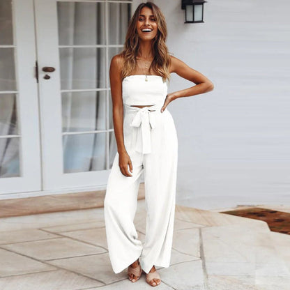 Cecilia | Women's Strapless Tie Waist Wide Leg Jumpsuit