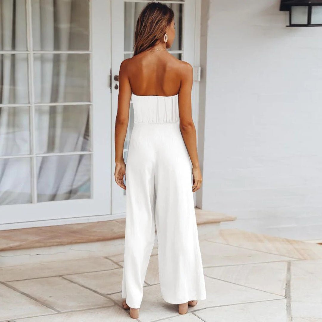 Cecilia | Women's Strapless Tie Waist Wide Leg Jumpsuit
