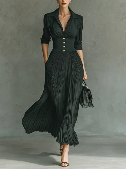 Annabelle | Refined Pleated Lapel Waist Maxi Dress