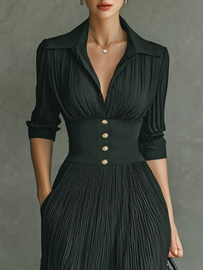 Annabelle | Refined Pleated Lapel Waist Maxi Dress