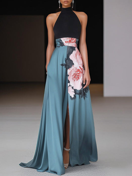 Elena | Black Slit Floral Classic Crew Neck No-Sleeve A-Line Maxi Dress
