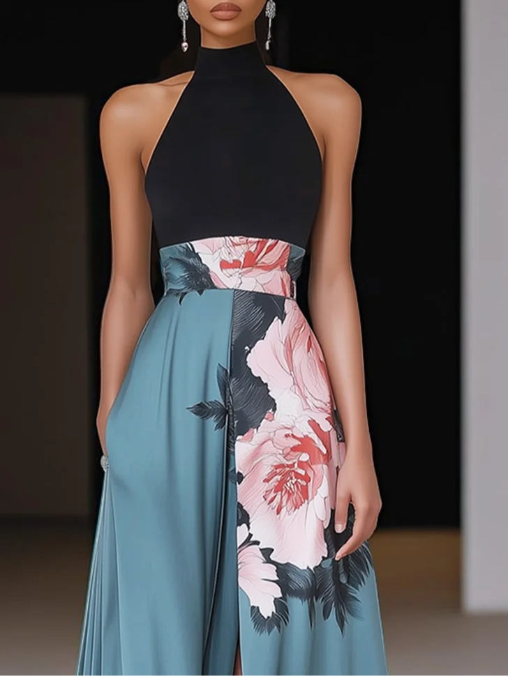 Elena | Black Slit Floral Classic Crew Neck No-Sleeve A-Line Maxi Dress