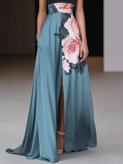 Elena | Black Slit Floral Classic Crew Neck No-Sleeve A-Line Maxi Dress