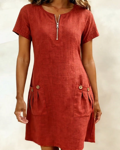 Sara | Women's Shift Dress Short-Sleeved Zip Neck with Pockets