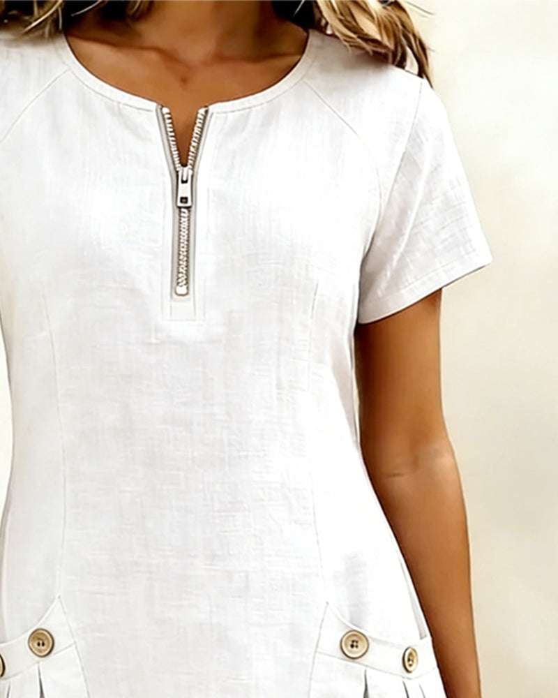 Sara | Women's Shift Dress Short-Sleeved Zip Neck with Pockets