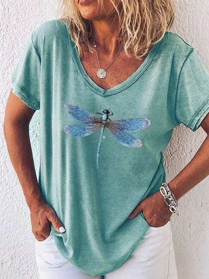 Bianca | Women's Dragonfly Print V-Neck Short Sleeve Relaxed Tee