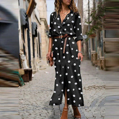 Tiffany | Women's Polka Dot Maxi Dress Full Sleeve Button-Through Button-Up Dress