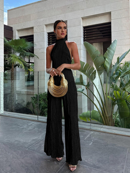 Ruth | Women's Halter Neck Pleated Top & Wide Leg Pants Set