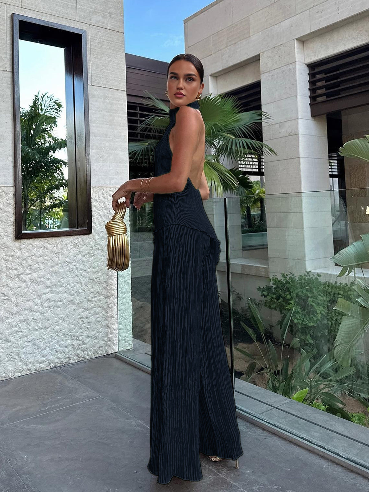 Ruth | Women's Halter Neck Pleated Top & Wide Leg Pants Set