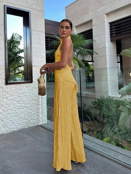 Ruth | Women's Halter Neck Pleated Top & Wide Leg Pants Set