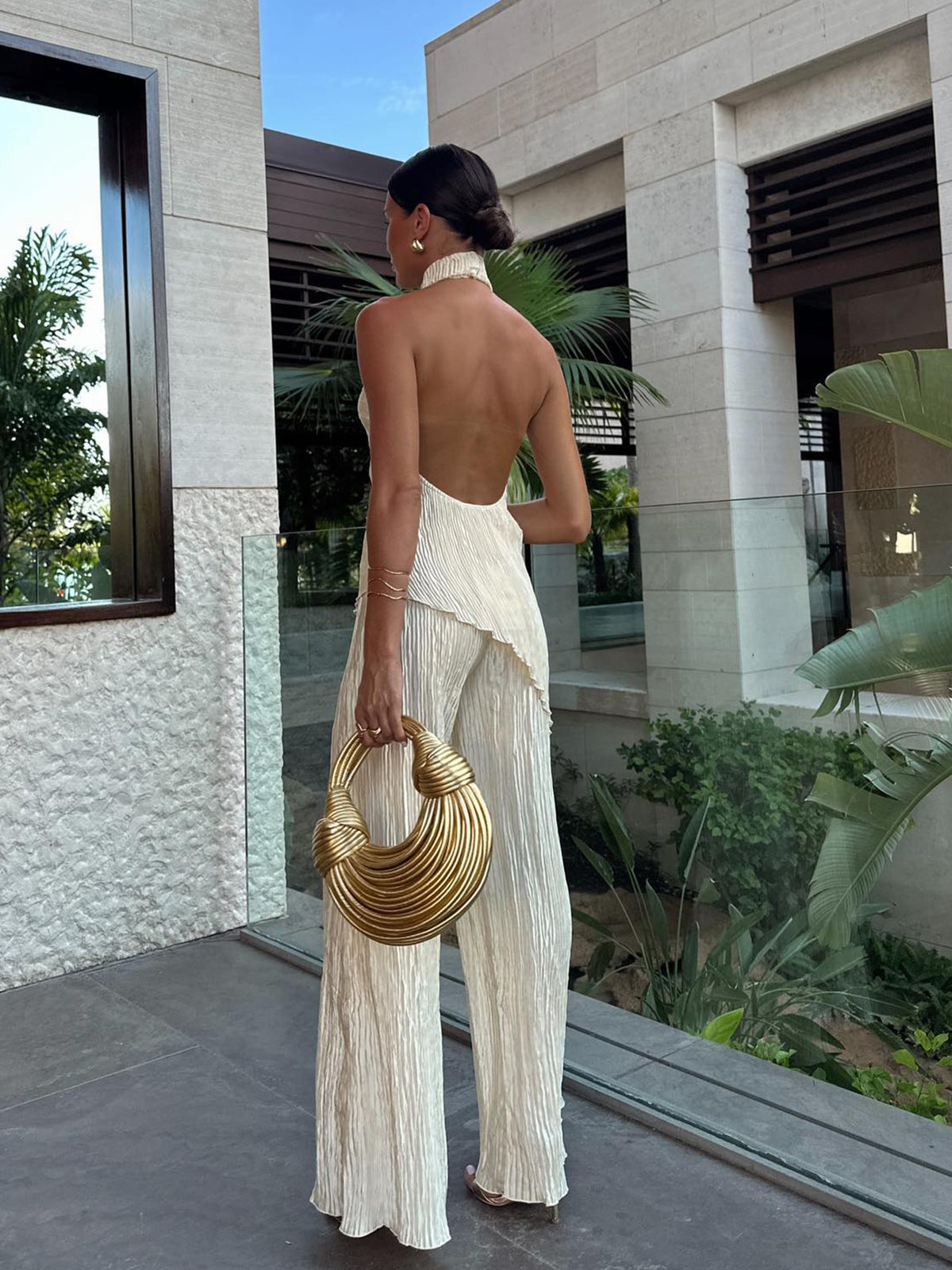 Ruth | Women's Halter Neck Pleated Top & Wide Leg Pants Set