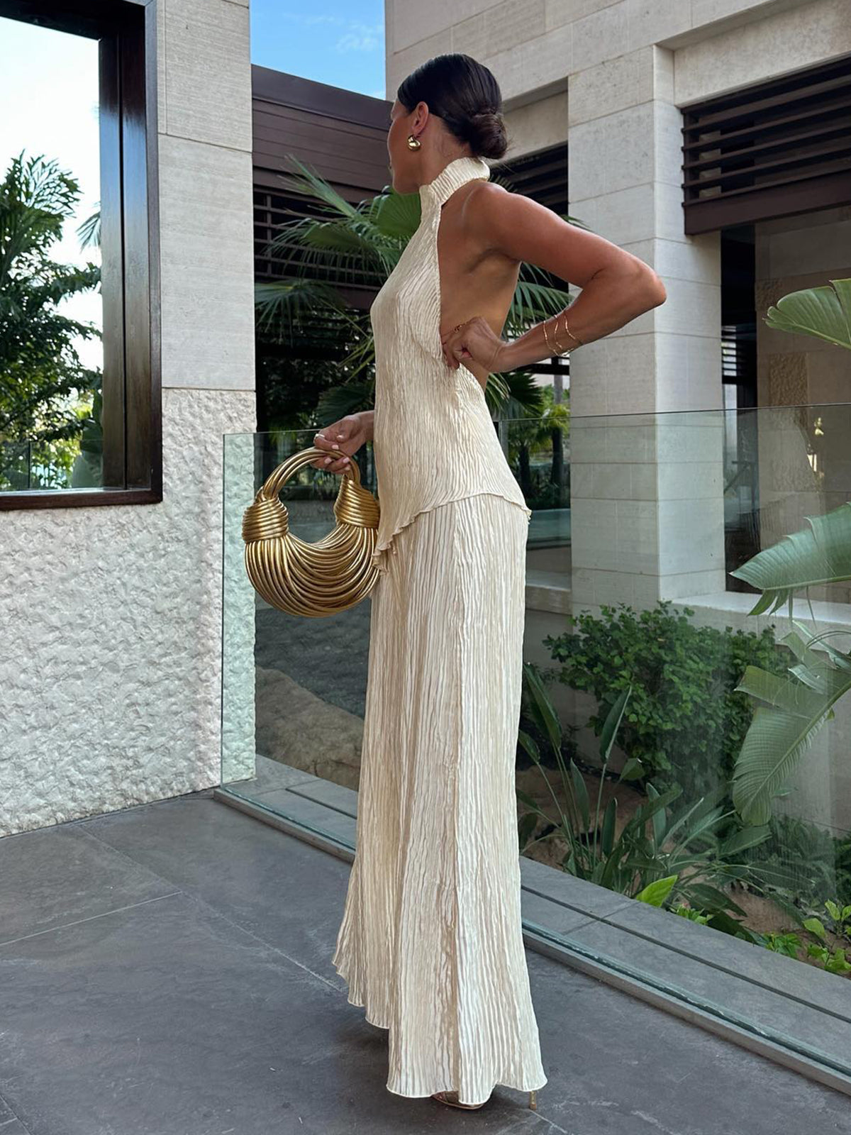 Ruth | Women's Halter Neck Pleated Top & Wide Leg Pants Set