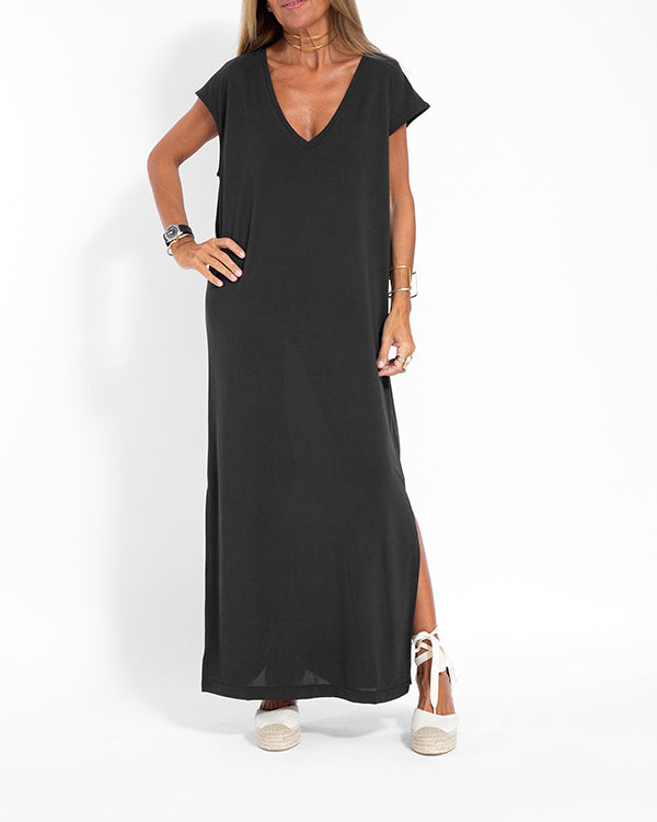 Savannah | Women's V-Neck Short-Sleeved Side Slit Maxi Dress
