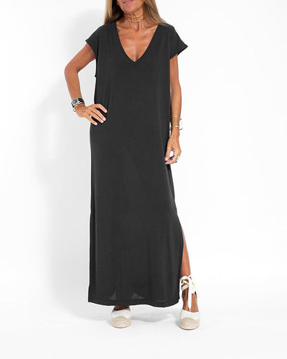 Savannah | Women's V-Neck Short-Sleeved Side Slit Maxi Dress