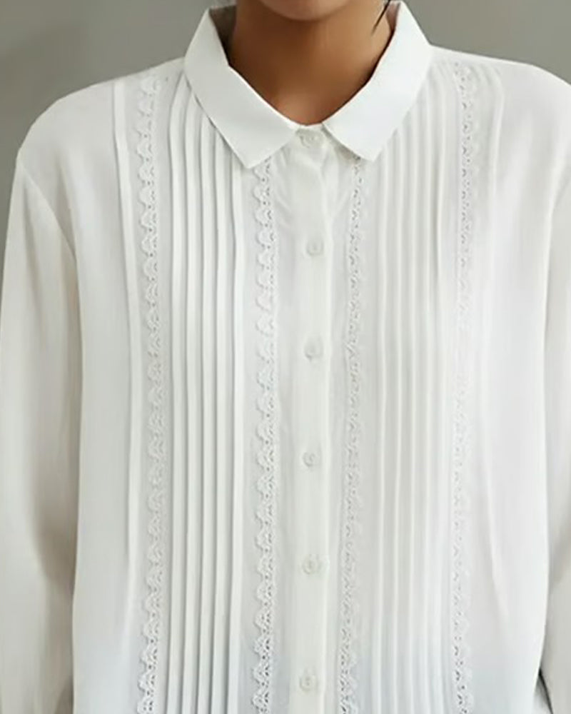 Nicole | Women's Lace Trim Button-Up Long Sleeve Blouse