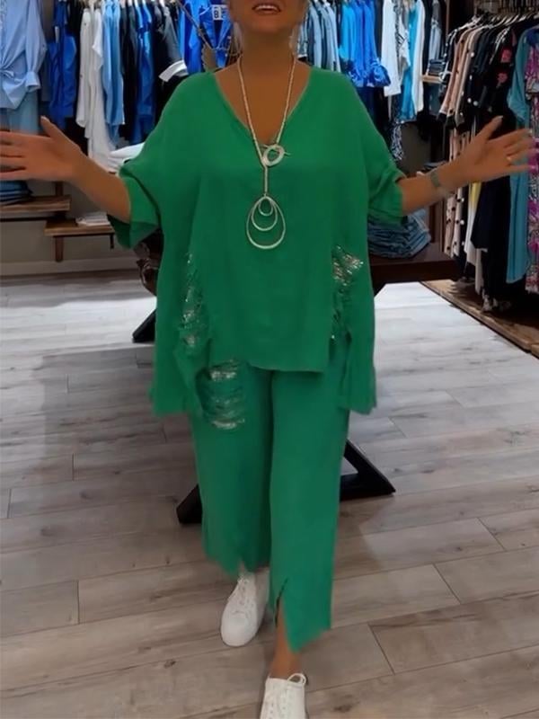 Nicole | Women's Relaxed 2 Piece Set V-Neck Top and Cropped Pants