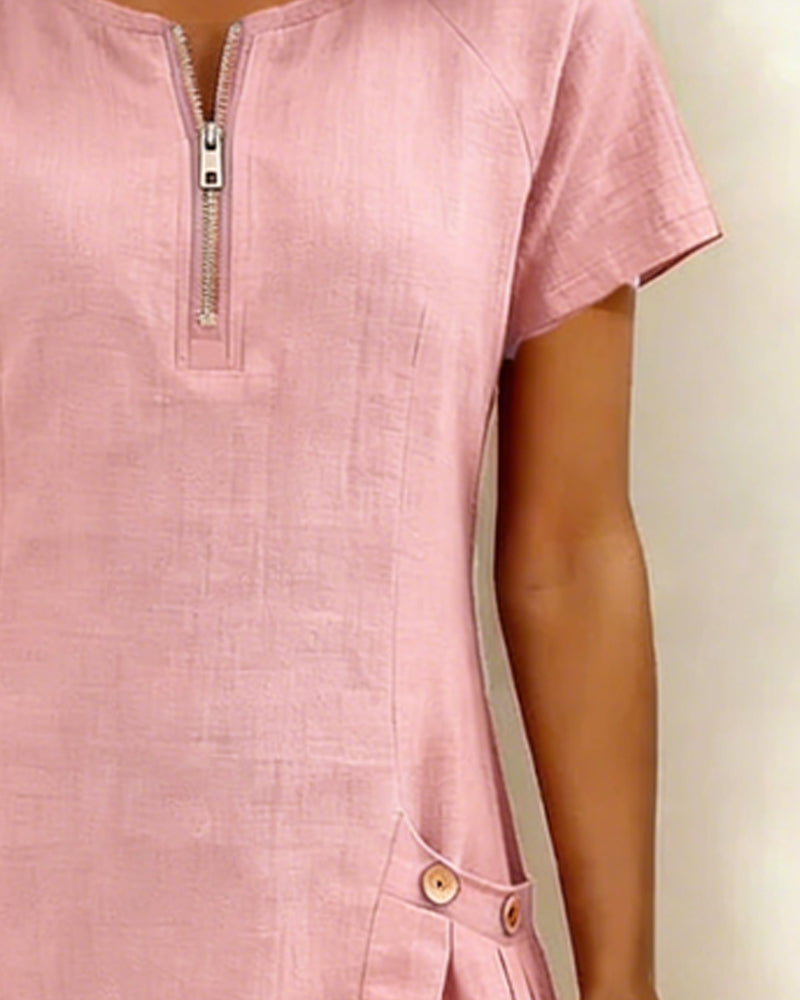 Sara | Women's Shift Dress Short-Sleeved Zip Neck with Pockets