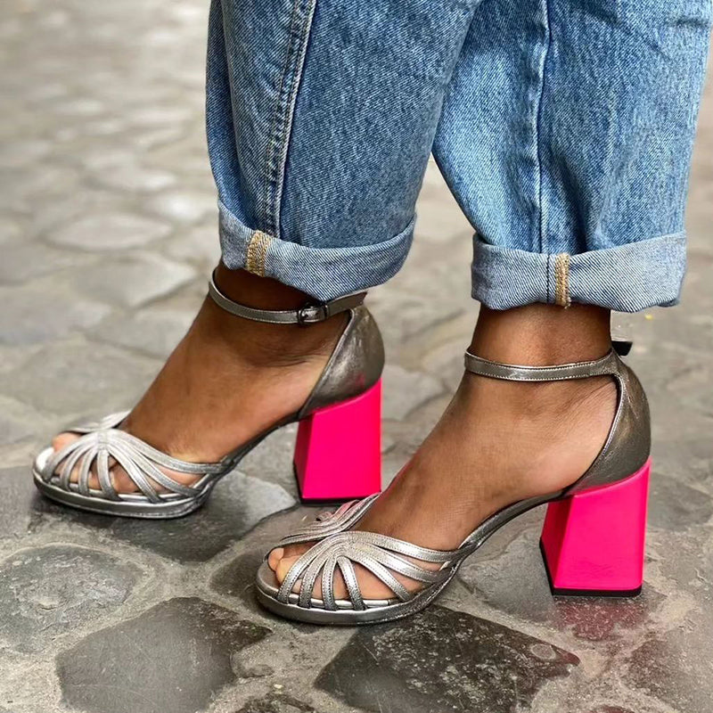 Candace | Colorful Shiny Sandals with Buckle and Thick Heel